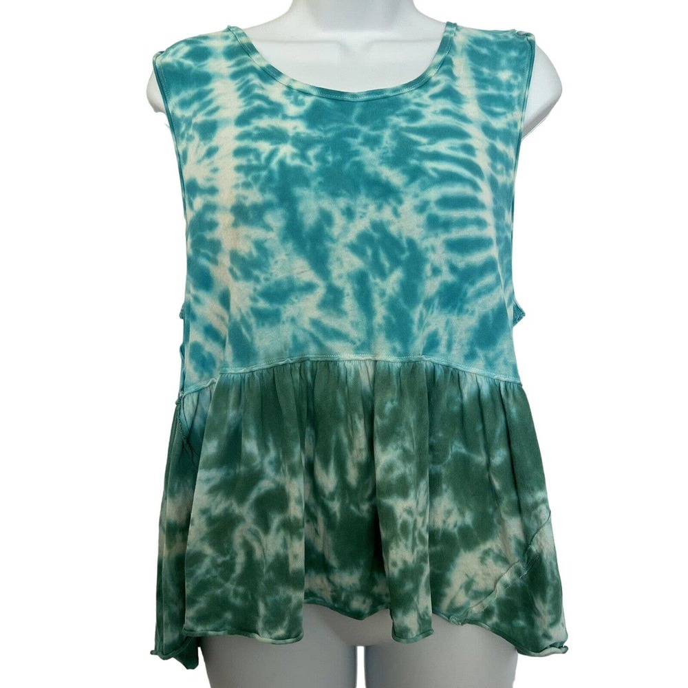 Free People We The Free Blue Tie Dye Scoop Neck Sleeveless Peplum Top - Small